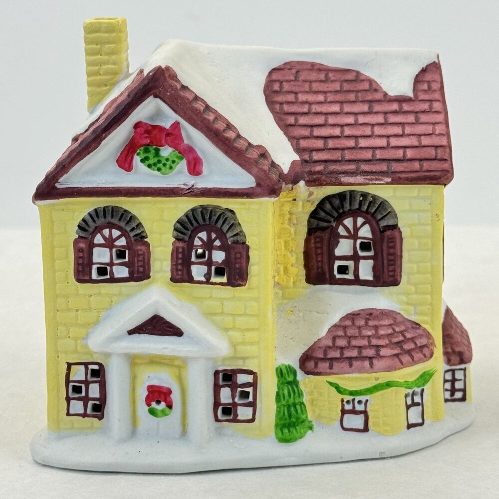 Vintage Lotus Ceramic Christmas Village Yellow House Figurine Snowy Accents 4"